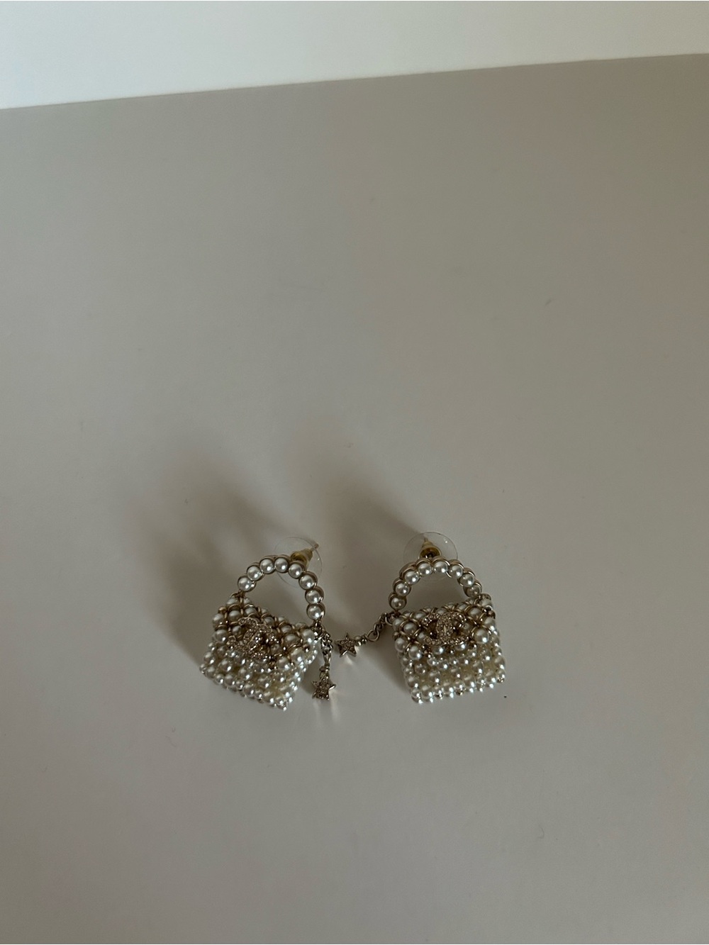 CHANEL White Pearl Beaded Mini Purse Drop Earrings with Gold Accents